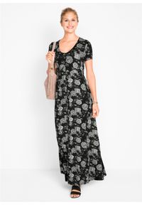bonprix - Długa sukienka shirtowa z krótkim rękawem. Kolor: czarny. Materiał: materiał, wiskoza. Długość rękawa: krótki rękaw. Długość: maxi