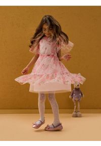 Sinsay - Sukienka tiulowa w kwiatowy wzór z brokatem i falbanami - różowy. Kolor: różowy. Materiał: tiul. Wzór: kwiaty #1