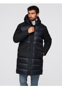 Ombre Clothing - Długa męska pikowana kurtka z dużymi kieszeniami – czarna V1 - Rozmiar: L. Typ kołnierza: kaptur. Kolor: szary. Materiał: syntetyk, tkanina, materiał. Długość: długie. Wzór: gładki