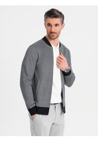Ombre Clothing - Męska bluza bomberka z dzianiny pique – czarna V1. Okazja: na co dzień. Kolor: czarny. Materiał: dzianina. Wzór: haft. Styl: klasyczny, casual, elegancki