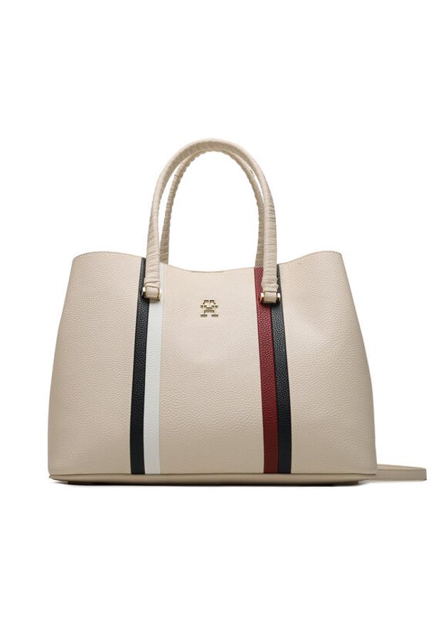 TOMMY HILFIGER - Tommy Hilfiger Torebka Th Emblem Satchel Corp AW0AW15117 Beżowy. Kolor: beżowy. Materiał: skórzane