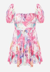 Renee - Fuksjowa Rozkloszowana Sukienka Mini z Krótkimi Rękawami i Cienkimi Gumkami Evelilles. Kolor: różowy. Materiał: tkanina. Długość rękawa: krótki rękaw. Wzór: kwiaty, gładki. Długość: mini #4