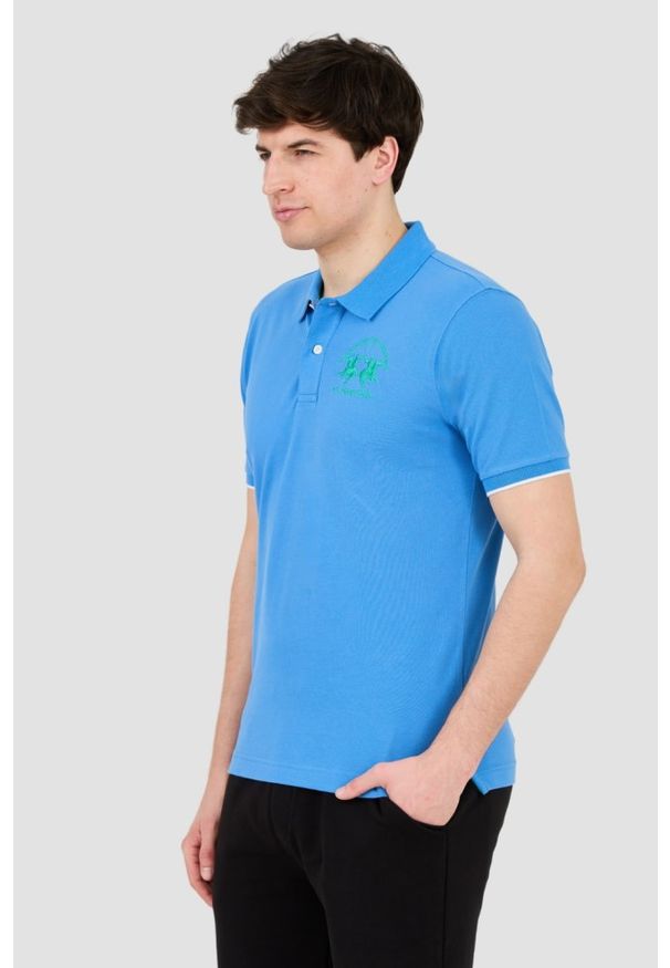 La Martina - LA MARTINA Niebieskie męskie polo z dużym logo, Rozmiar XXL. Typ kołnierza: polo. Kolor: niebieski