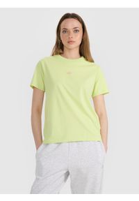 4f - 4F T-shirt oversize z nadrukiem damski - żółty XS. Okazja: na co dzień. Kolor: żółty. Materiał: jersey, tkanina, dzianina, bawełna, materiał. Długość rękawa: krótki rękaw. Długość: krótkie. Wzór: nadruk. Sezon: lato. Styl: sportowy, klasyczny, casual