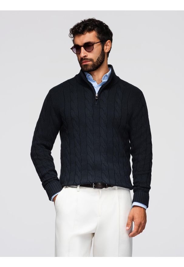 Ombre Clothing - Męski sweter o warkoczowym splocie z golfem zapinanym na zamek – czarny V2 - Rozmiar: S. Okazja: na co dzień. Typ kołnierza: golf. Kolor: czarny. Materiał: materiał, poliamid, bawełna. Wzór: ze splotem. Styl: casual, klasyczny, elegancki