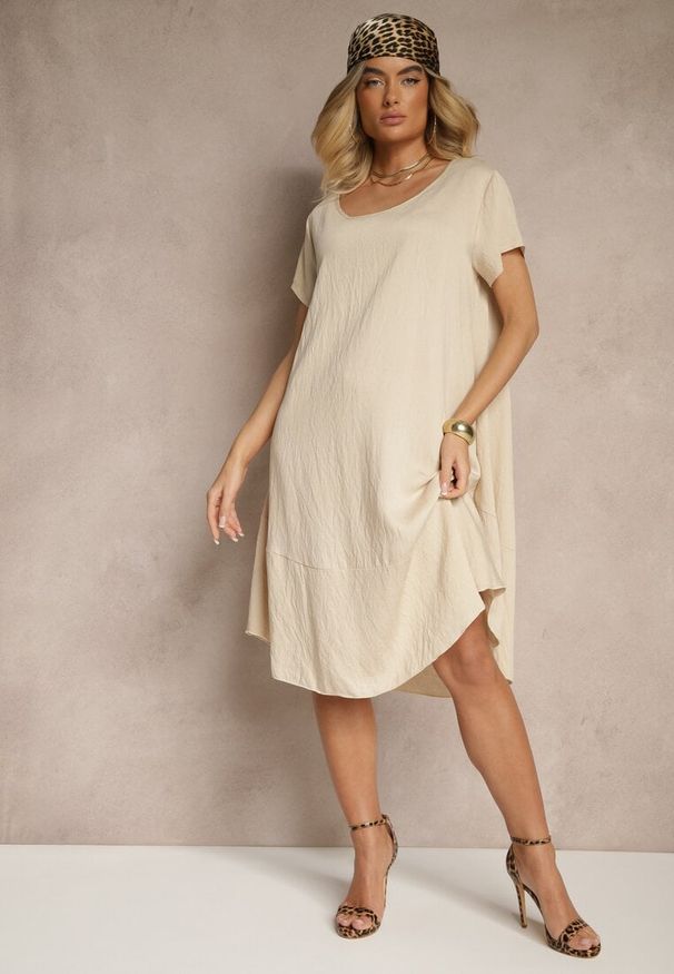 Renee - Beżowa Sukienka z Wiskozy o Rozkloszowanym Kroju Irisena. Okazja: na co dzień. Kolor: beżowy. Materiał: wiskoza. Typ sukienki: proste. Styl: elegancki, casual