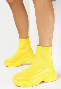 Born2be - Żółte Sneakersy na Grubej Podeszwie ze Skarpetkową Cholewką Pinkia. Kolor: żółty. Szerokość cholewki: normalna