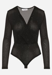 Born2be - Czarne Kopertowe Body z Domieszką Wiskozy Zdobione Brokatem i Cekinami Jaddie. Okazja: na co dzień. Typ kołnierza: dekolt w serek. Kolor: czarny. Materiał: wiskoza. Długość rękawa: długi rękaw. Długość: długie. Wzór: aplikacja. Styl: casual, klasyczny #2