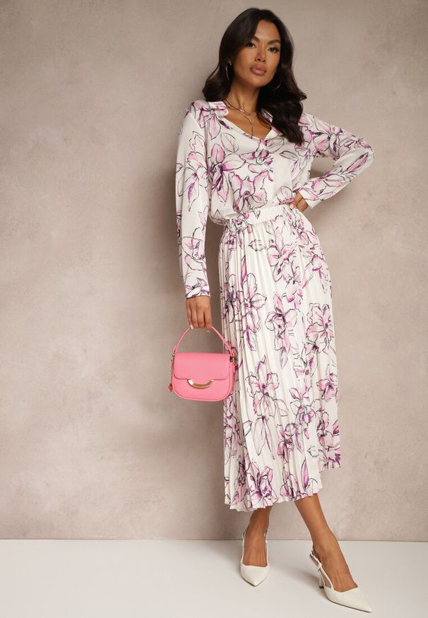 Renee - Biało-Fuksjowa Plisowana Spódnica z Wiskozą w Kwiatowy Print Rivavina. Okazja: na co dzień. Kolor: biały. Materiał: wiskoza. Wzór: nadruk, kwiaty. Styl: casual, elegancki, klasyczny