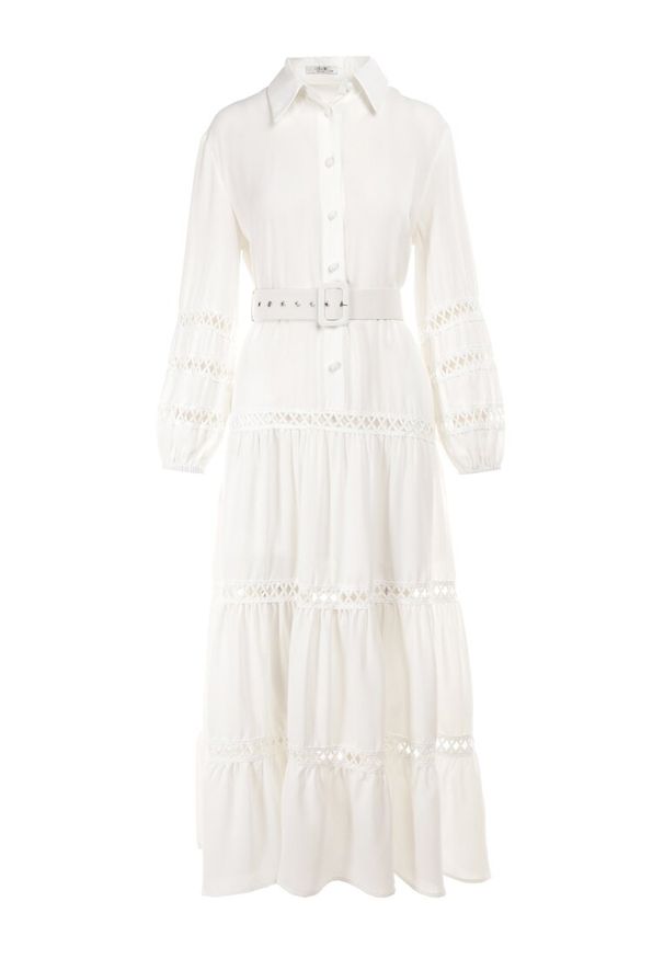 Born2be - Biała Sukienka z Paskiem Dorica. Kolor: biały. Długość rękawa: długi rękaw. Wzór: aplikacja, ażurowy. Sezon: lato. Typ sukienki: koszulowe. Styl: boho. Długość: maxi