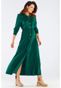 Sukienki.shop - Trapezowa sukienka maxi z koszulową górą butelkowa zieleń. Okazja: na co dzień, do pracy. Materiał: wiskoza. Typ sukienki: trapezowe, koszulowe. Styl: casual. Długość: maxi #2
