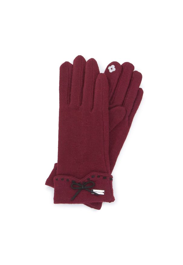 Wittchen - Damskie rękawiczki z ozdobnym przeszyciem i kokardką bordowe. Kolor: czerwony. Materiał: wełna. Wzór: aplikacja, haft