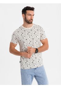 Ombre Clothing - Koszulka bawełniana z nadrukiem i okrągłym dekoltem – kremowa V1. Okazja: na co dzień. Kolor: kremowy. Materiał: bawełna. Długość rękawa: krótki rękaw. Długość: krótkie. Wzór: nadruk. Styl: klasyczny, casual