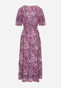 Born2be - Ciemnoróżowa Bawełniana Sukienka o Rozkloszowanym Kroju we Wzór Paisley Folurelle. Typ kołnierza: dekolt w serek. Kolor: fioletowy. Materiał: bawełna. Długość rękawa: krótki rękaw. Wzór: paisley. Styl: elegancki, klasyczny #2
