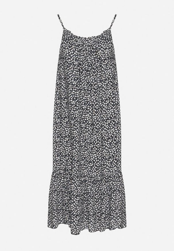 Born2be - Czarna Rozkloszowana Sukienka z Bawełny w Kwiatowy Wzór Nilaretia. Okazja: na co dzień. Kolor: czarny. Materiał: bawełna. Długość rękawa: na ramiączkach. Wzór: kwiaty. Sezon: lato. Typ sukienki: rozkloszowane. Styl: casual