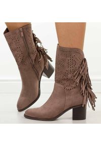 Szare ażurowe botki damskie na obcasie M.Daszyński 2337-15. Kolor: szary. Materiał: zamsz. Szerokość cholewki: normalna. Wzór: ażurowy. Sezon: wiosna, lato, jesień. Obcas: na obcasie. Styl: boho, klasyczny, elegancki. Wysokość obcasa: średni #1