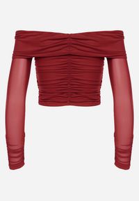 Born2be - Bordowa Siateczkowa Bluzka VICES z Odkrytymi Ramionami Ozdobiona Marszczeniem Tuvita. Okazja: na co dzień. Kolor: czerwony. Materiał: jeans. Wzór: aplikacja. Styl: casual #6
