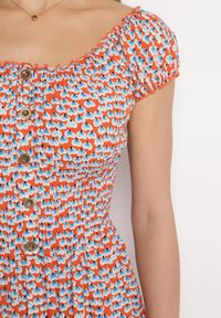 Born2be - Pomarańczowo-Niebieska Wiskozowa Sukienka Midi Rozkloszowana z Metalowymi Guzikami Exodia. Kolor: pomarańczowy. Materiał: wiskoza. Styl: klasyczny, elegancki. Długość: midi #6