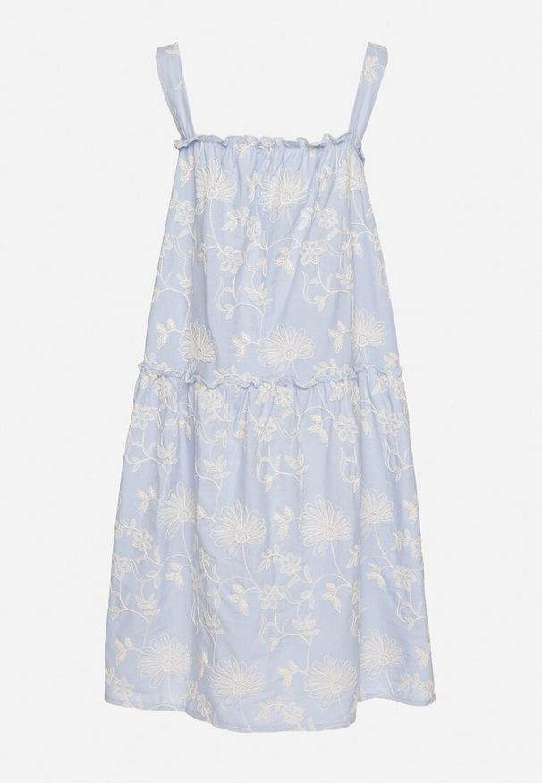 Born2be - Niebieska Bawełniana Sukienka w Kwiaty Ozdobiona Marszczeniem Lilinoa. Okazja: na co dzień, na spacer. Kolor: niebieski. Materiał: bawełna. Długość rękawa: na ramiączkach. Wzór: aplikacja, kwiaty. Sezon: lato. Typ sukienki: proste. Styl: casual, elegancki