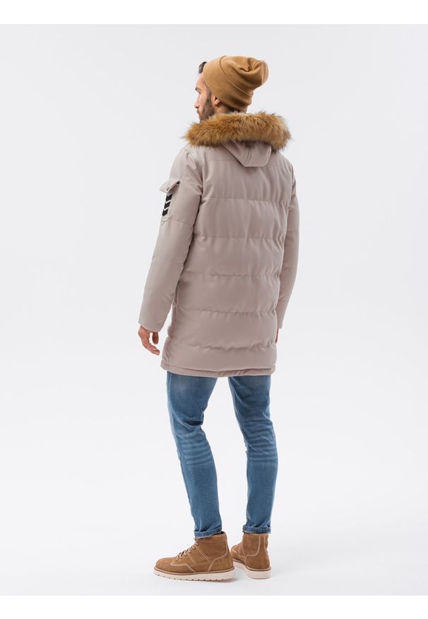 Ombre Clothing - Kurtka męska zimowa C514 - beżowa - XXL. Kolor: beżowy. Materiał: poliester. Sezon: zima