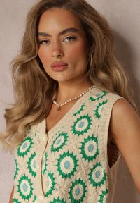 Renee - Beżowo-Zielona Bawełniana Bluzka Top w Dzianinowym Stylu Momoi. Kolor: beżowy. Materiał: bawełna, dzianina. Długość rękawa: bez rękawów. Wzór: kwiaty #4