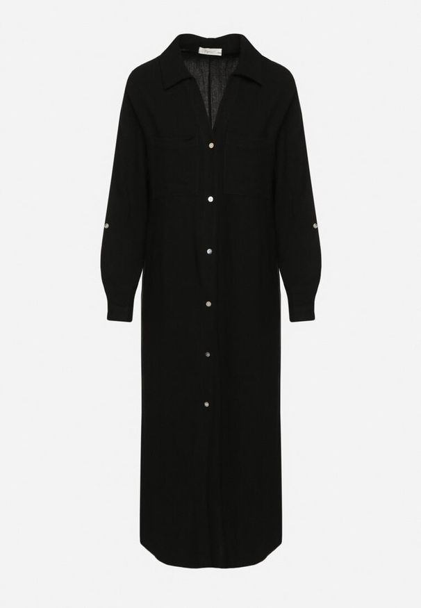 Born2be - Czarna Koszulowa Sukienka z Lnem i Wiskozą z Regulowanymi Rękawami Melvezia. Okazja: na co dzień. Kolor: czarny. Materiał: wiskoza, len. Typ sukienki: koszulowe. Styl: casual