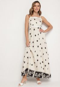 Born2be - Beżowa Wiskozowa Sukienka z Geometrycznym Wzorem Lenirisa. Okazja: na co dzień. Kolor: beżowy. Materiał: wiskoza. Długość rękawa: na ramiączkach. Wzór: geometria. Typ sukienki: proste. Styl: klasyczny, casual, elegancki #1