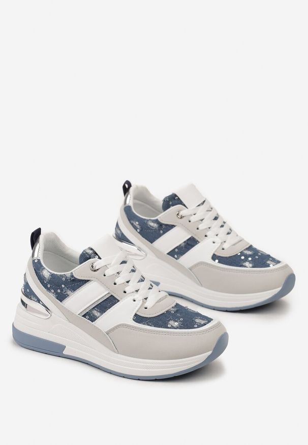 Born2be - Niebieskie Sneakersy na Grubej Podeszwie z Brokatem i Cekinami Asseni. Kolor: niebieski