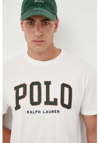 Polo Ralph Lauren t-shirt bawełniany kolor biały z aplikacją. Typ kołnierza: polo. Kolor: biały. Materiał: bawełna. Wzór: aplikacja