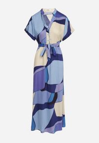 Born2be - Niebieska Sukienka Rozkloszowana z Wiskozy w Geometryczny Wzór z Paskiem Ranislla. Okazja: na co dzień. Typ kołnierza: dekolt w serek. Kolor: niebieski. Materiał: wiskoza. Długość rękawa: krótki rękaw. Wzór: geometria. Styl: casual, elegancki #2