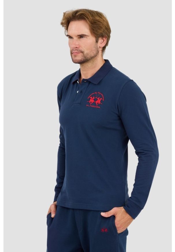 La Martina - LA MARTINA Granatowy męski longsleeve polo Piquet Stretch, Rozmiar XL. Typ kołnierza: polo. Kolor: czarny. Długość rękawa: długi rękaw