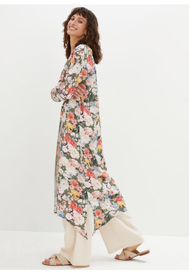 bonprix - Długa bluzka z lejącej wiskozy. Kolor: zielony. Materiał: wiskoza. Długość: długie. Wzór: nadruk, aplikacja, kwiaty. Sezon: lato