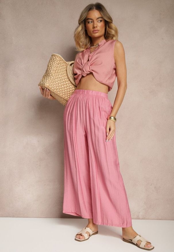 Renee - Różowe Spodnie Palazzo o Szerokim Kroju High Waist Lislevia. Okazja: na co dzień. Stan: podwyższony. Kolor: różowy. Styl: elegancki, casual