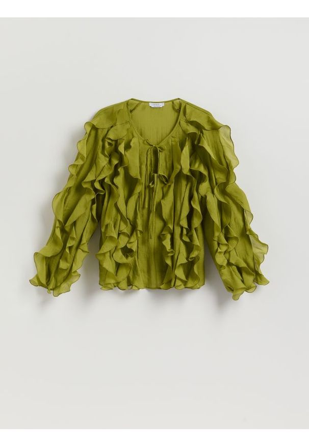 Reserved - Bluzka z falbanami - oliwkowy. Kolor: oliwkowy. Materiał: tkanina