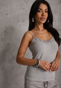 Renee - Ciemnoszary Bieliźniany Top na Ramiączkach z Bawełny Zdobiony Koronką Bernelle. Kolor: szary. Materiał: bawełna, koronka. Długość rękawa: na ramiączkach. Wzór: aplikacja, koronka #5