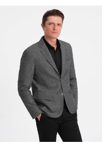 Ombre Clothing - Marynarka męska z łatami na łokciach - czarna V5 - Rozmiar: M. Kolor: czarny. Materiał: poliester, bawełna. Wzór: nadruk