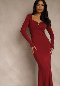 Renee - Bordowa Sukienka Koktajlowa z Wiskozą i Metaliczną Klamrą przy Dekolcie Refire. Okazja: na imprezę. Kolor: czerwony. Materiał: wiskoza. Styl: wizytowy. Długość: maxi #3