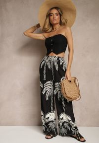 Renee - Czarne Spodnie z Wiskozy o Szerokim Kroju High Waist z Palmami Varritia. Okazja: na co dzień. Stan: podwyższony. Kolor: czarny. Materiał: wiskoza. Sezon: lato. Styl: elegancki, casual