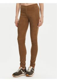 Serge Pariente Spodnie skórzane Strechy Vs Brązowy Slim Fit. Kolor: brązowy. Materiał: skóra
