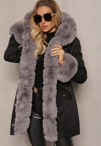 Renee - Czarno-Szara Kurtka Parka z Paskiem w Talii i Kapturem z Futerkiem Hizontia. Okazja: na spacer. Typ kołnierza: golf. Kolor: czarny. Materiał: futro #1