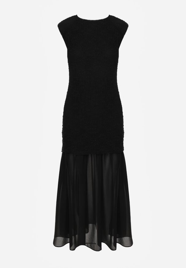 Born2be - Czarna Sukienka Ażurowa z Usztywnioną Linią Ramion i Przezroczystym Dołem Semiriel. Kolor: czarny. Materiał: zamsz. Wzór: ażurowy. Styl: elegancki, klasyczny