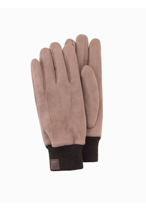 Ombre Clothing - Rękawiczki męskie z ekozamszu ze ściągaczem – brązowe V2. Kolor: brązowy. Materiał: zamsz, poliester. Wzór: aplikacja. Styl: casual