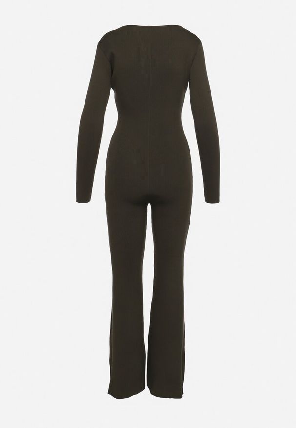 Born2be - Ciemnozielony Wiskozowy Kombinezon Bodycon z Prążkowaniem i Suwakiem Alnorema. Kolor: zielony. Materiał: wiskoza, prążkowany. Styl: elegancki