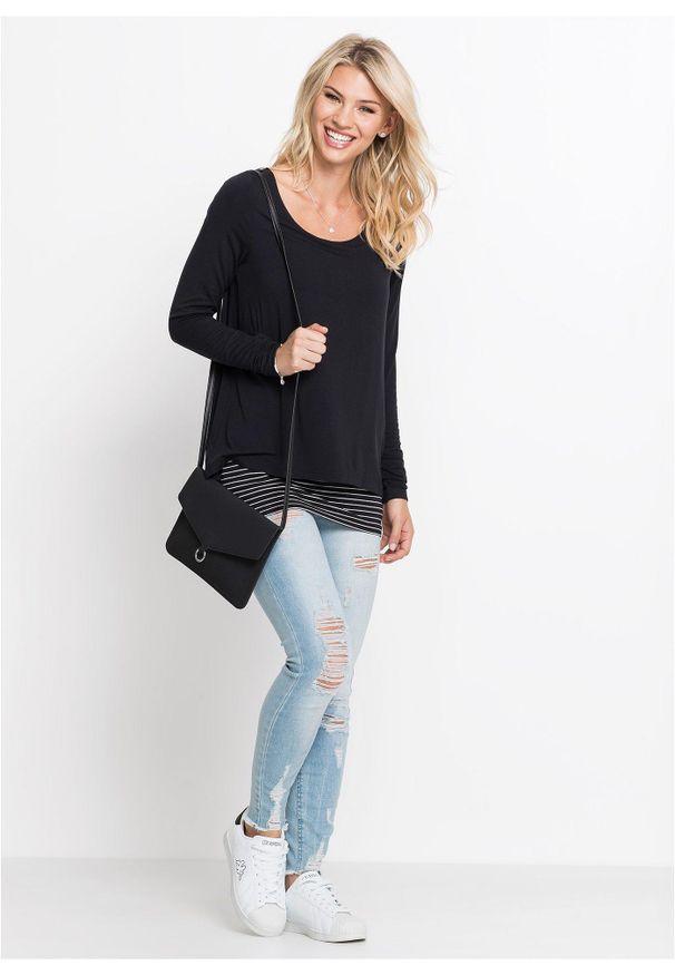 bonprix - Długi shirt z długim rękawem, dwuwarstwowy. Kolor: czarny. Materiał: materiał. Długość rękawa: długi rękaw. Długość: długie