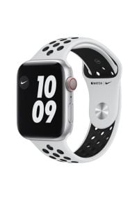 APPLE Watch 6 Cellular Nike 44mm (Srebrny z opaską sportową w kolorze czarnym). Rodzaj zegarka: smartwatch. Kolor: srebrny, czarny, wielokolorowy. Materiał: poliester, nylon, guma, materiał. Styl: sportowy #1