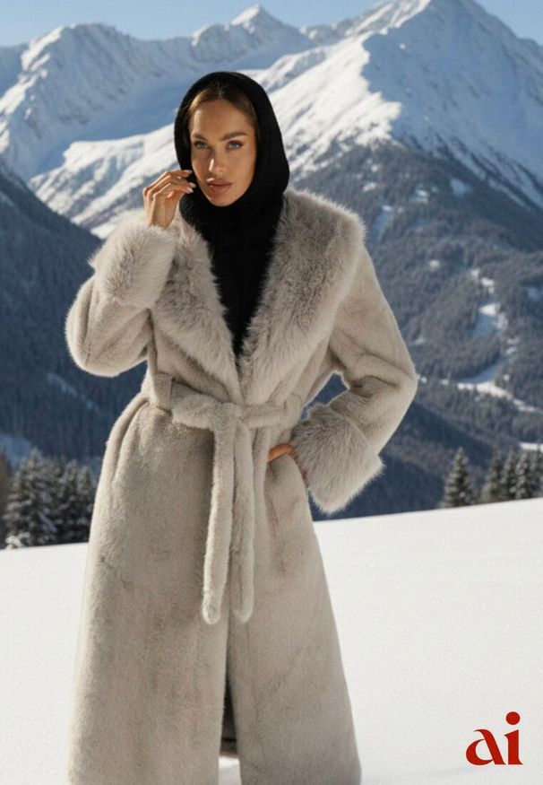 Renee - Szary Futrzany Płaszcz z Wiązanym Paskiem Ozdobnym Kołnierzem i Mankietami Viaressa. Okazja: na co dzień. Kolor: szary. Materiał: futro. Długość rękawa: długi rękaw. Długość: długie. Styl: casual, rockowy, elegancki