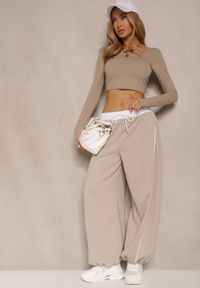 Renee - Beżowe Dresowe Spodnie z Wiskozą High Waist Ozdobione Lampasami Maiviona. Okazja: na co dzień. Stan: podwyższony. Kolor: beżowy. Materiał: dresówka, wiskoza. Wzór: aplikacja. Styl: sportowy, casual