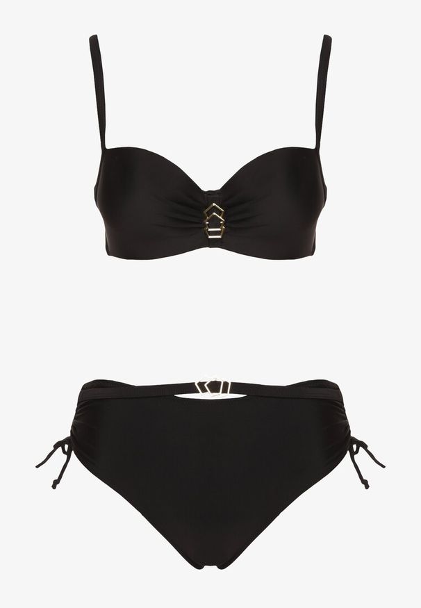 Born2be - Czarne Bikini Biustonosz i Majtki Figi Ozdobione Metalicznymi Aplikacjami Kinionela. Kolor: czarny. Wzór: aplikacja