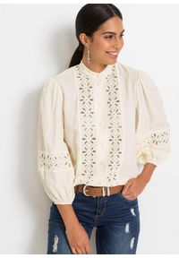 bonprix - Bluzka z koronką z miękkiej mieszanki wiskozy. Kolor: żółty, biały. Materiał: wiskoza, koronka. Wzór: koronka #1