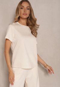 Renee - Beżowy T-shirt z Wiskozą i Cyrkoniami Erritia. Okazja: na co dzień. Kolor: beżowy. Materiał: wiskoza. Styl: casual, elegancki